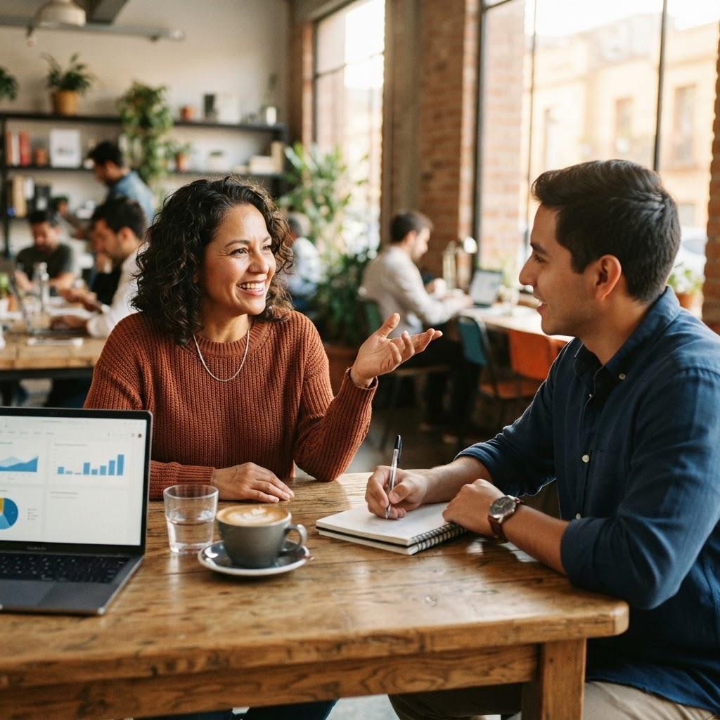Una emprendedora conversa con su mentora en un espacio de trabajo